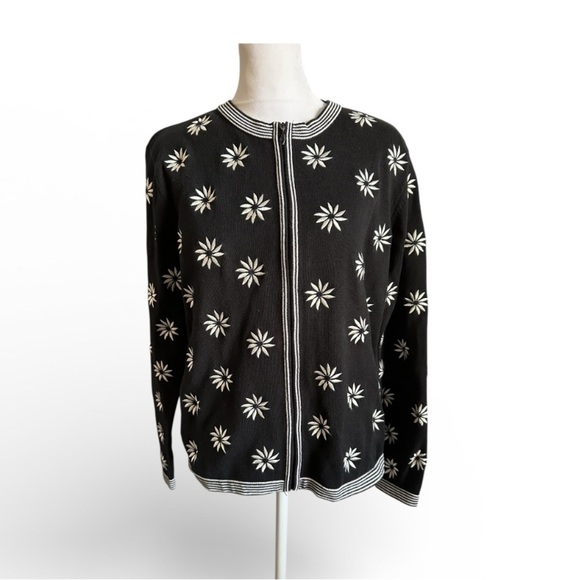 Talbots Sweaters - Talbots Black and White embroidered Floral Cardigan size M